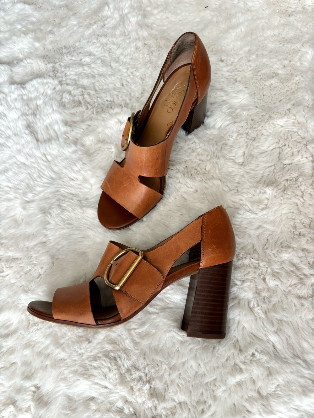 Leather Block Heel with Buckle - Brown
